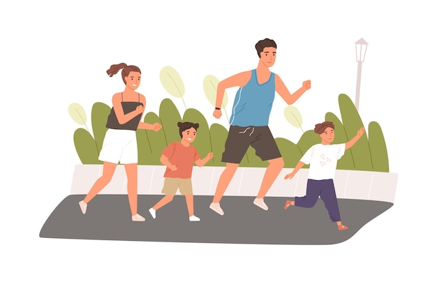 Famiglia felice e sana con bambini che fanno jogging o corrono in estate. genitori attivi con bambini che si esercitano insieme nel parco. illustrazione vettoriale piatta colorata isolata su sfondo bianco.