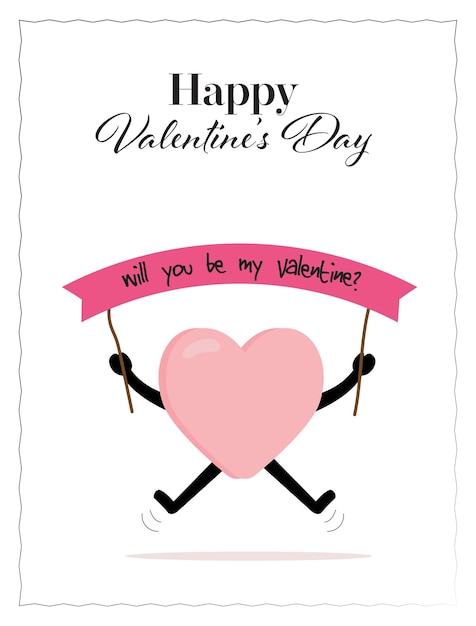 Happy Heart Character with Banner and Message Valentines Day Card Vector