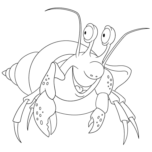 Happy hermit crab with his shell. Cartoon coloring book page for kids.