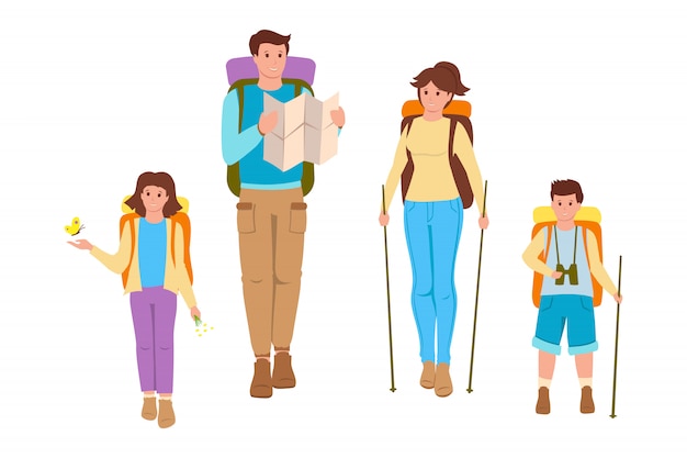 Happy hiking family on white background cartoon style. Father, mother and children traveling