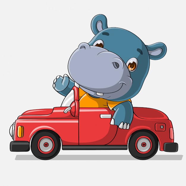 Vector happy hippo drive a car, hand drawn