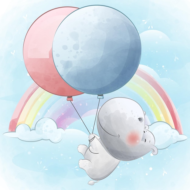 Happy hippo flying with balloons