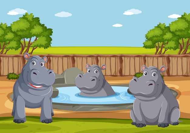 Vector happy hippos enjoying sunny day