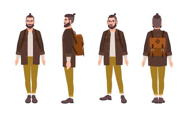 Happy hipster man with glasses and beard dressed in fashionable clothes and with backpack. Flat male cartoon character isolated on white background. Front, side and back views. Vector illustration.