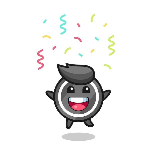 Happy hockey puck mascot jumping for congratulation with colour confetti