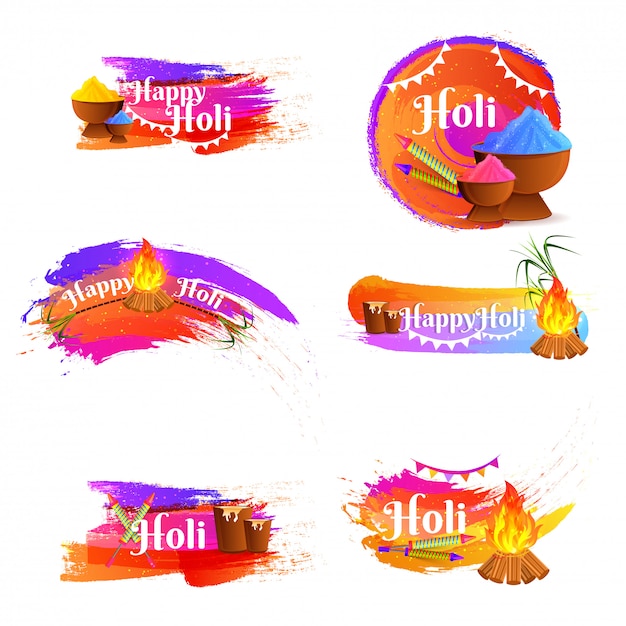 Happy holi calligraphy set with festival elements on white backg