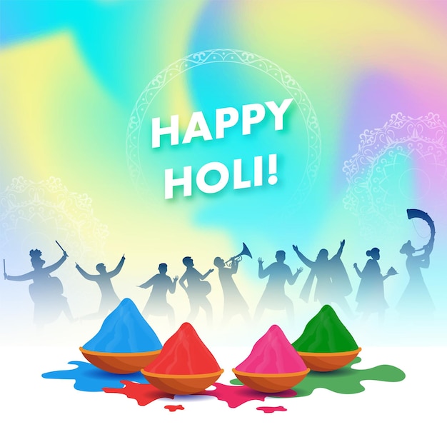 Happy Holi Celebration Background With Bowls Full Of Dry Color (Powder) And Silhouette People Enjoying.