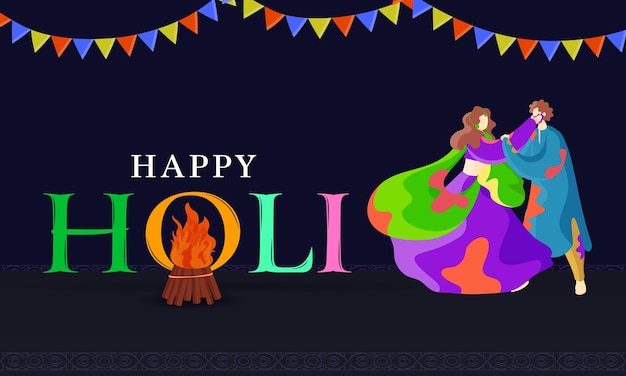 Vector happy holi celebration banner design with bonfire indian couple playing colors and bunting flags decorated on dark background