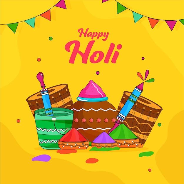 Happy Holi Celebration Concept Design with Indian Music Drum Dhol Color Powder Mud Pots Pichkari Water Gun Bucket and Bunting Flags Decor on Yellow Background