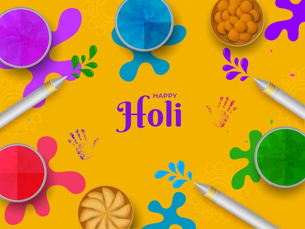 Vector happy holi celebration concept design with top view of delicious indian sweets and gulal bowls color powder and pichkariwater gun on splash background