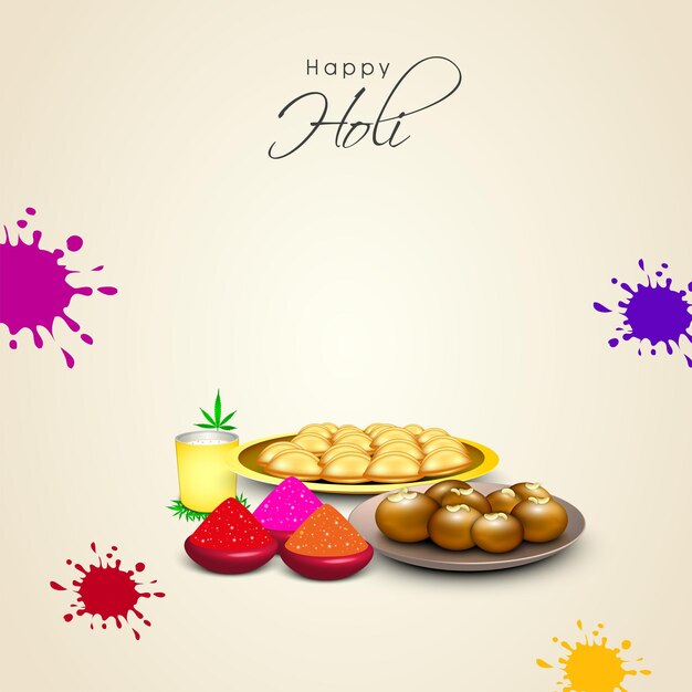 Vector happy holi celebration concept with 3d indian sweet thandai glass cannabis leaves dry color gulal in bowls and splatter effect on beige background