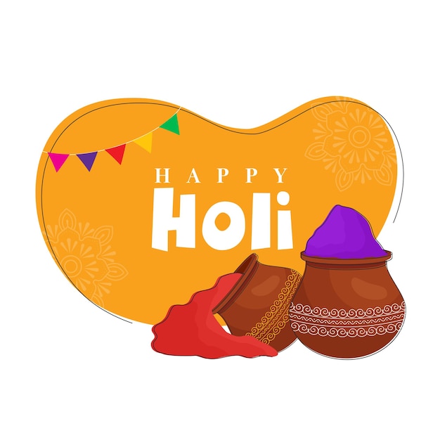 Концепция празднования happy holi с грязевыми горшками, полными порошкового цвета (gulal) на желтом и белом фоне.