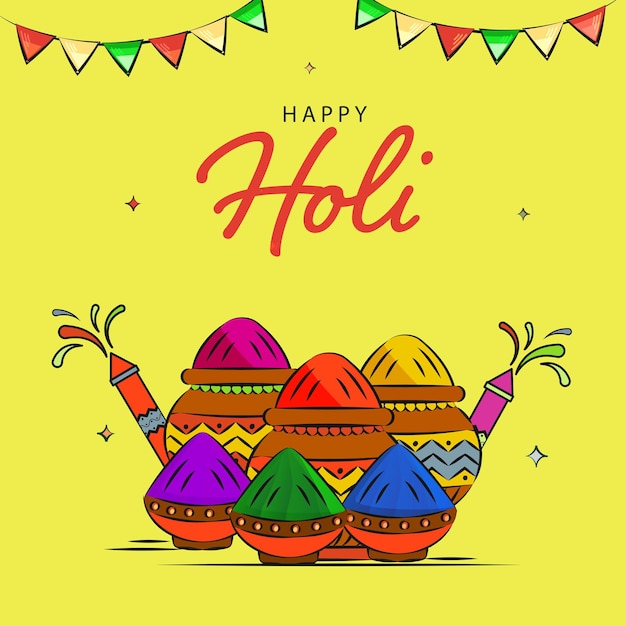 Happy Holi Celebration Concept with Shiny Colorful Paint Powder Gulal Filled Mud Pot Water Gun Pichkari against Yellow Background Can Be Used Design as a Greeting Card