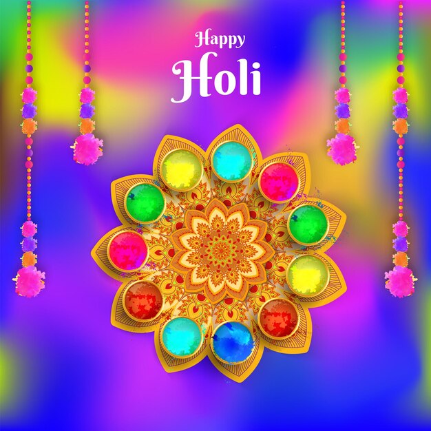 Vector happy holi celebration concept with top view of different color powder bowls on mandala colorful splashing blur background decorated with toran