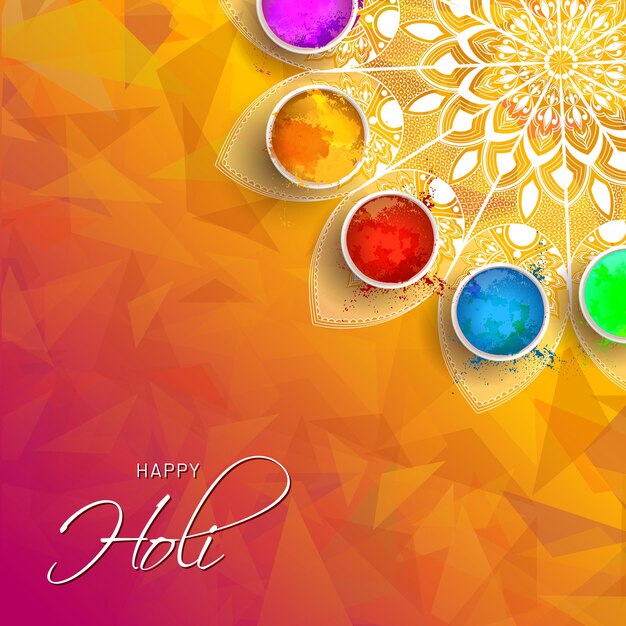 Happy Holi Celebration Greeting Card met Top View Bowls vol droge kleur Gulal op Mandala en abstracte achtergrond