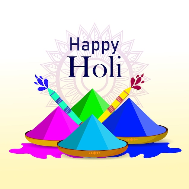 Happy holi celebration greeting card with colorful bowl and color gun