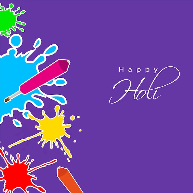 Happy holi celebration poster design with sticker style water guns pichkari and color splash effect on purple background