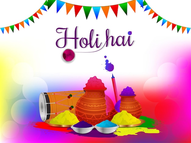 Happy holi creative color mud pot con sfondo colorato e tamburo