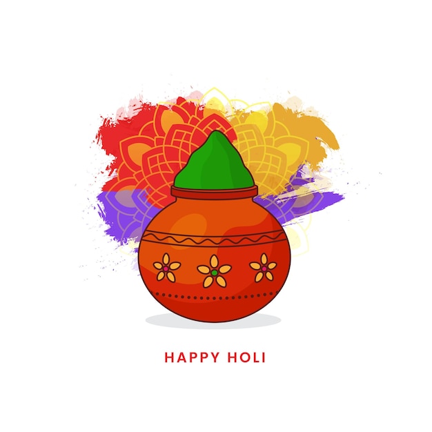 Happy holi decorative abstract colorful greeting card holi splash with color pot