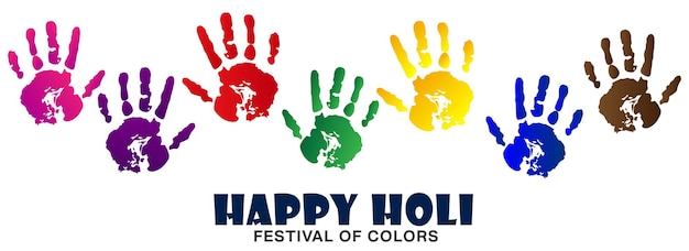 Happy Holi Festival banner sjabloon, kleurrijke aantrekkelijke Holi wenskaart met handafdruk symbolen