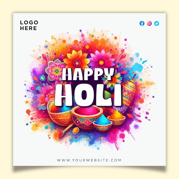 Happy holi festival of colors watercolor splash post design