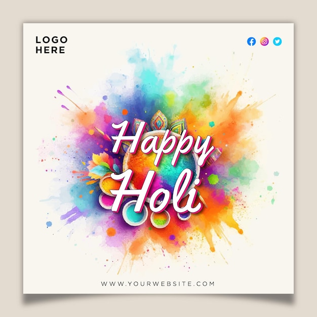 Happy holi festival of colors watercolor splash post design