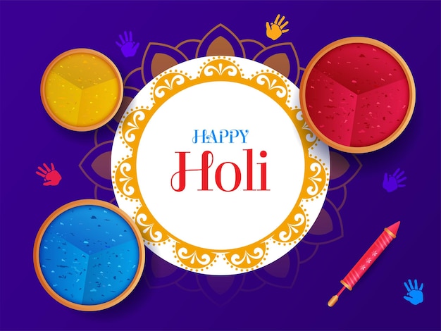 Happy holi festival elements with colorful background holi pichkari and colorful powder pots