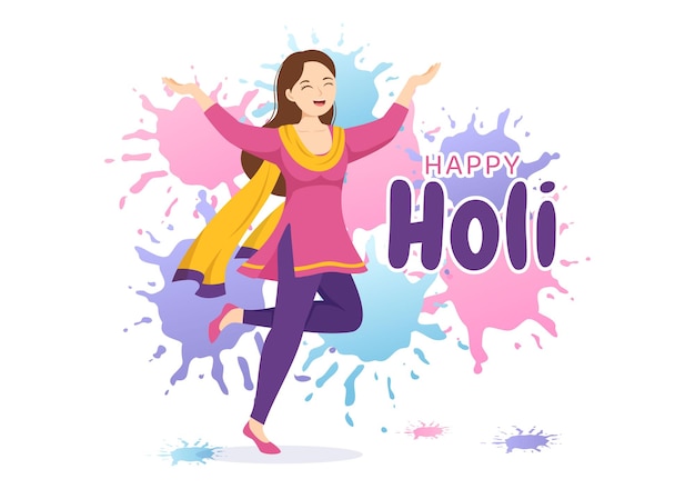 Vector happy holi festival illustration with colorful pot and powder in hindi in hand drawn templates