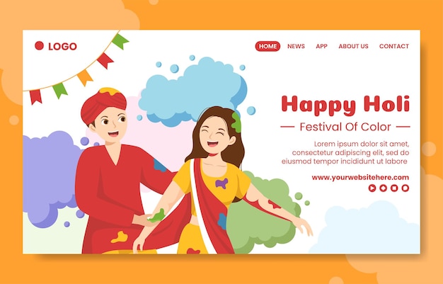 Happy Holi Festival Social Media Landing Page Flat Cartoon Hand Drawn Templates Illustration