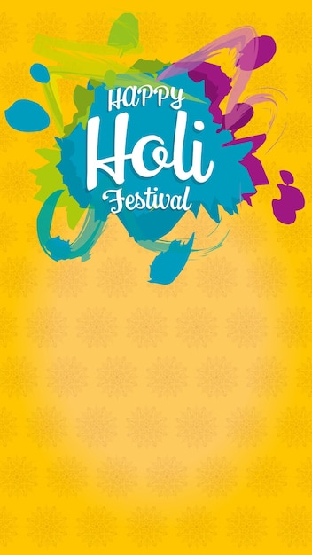 Vettore banner verticale del festival happy holi su sfondo giallo