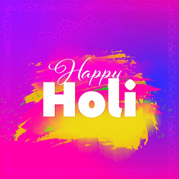 Happy holi font su effetto tratto di pennello su sfondo sfumato rosa e blu.