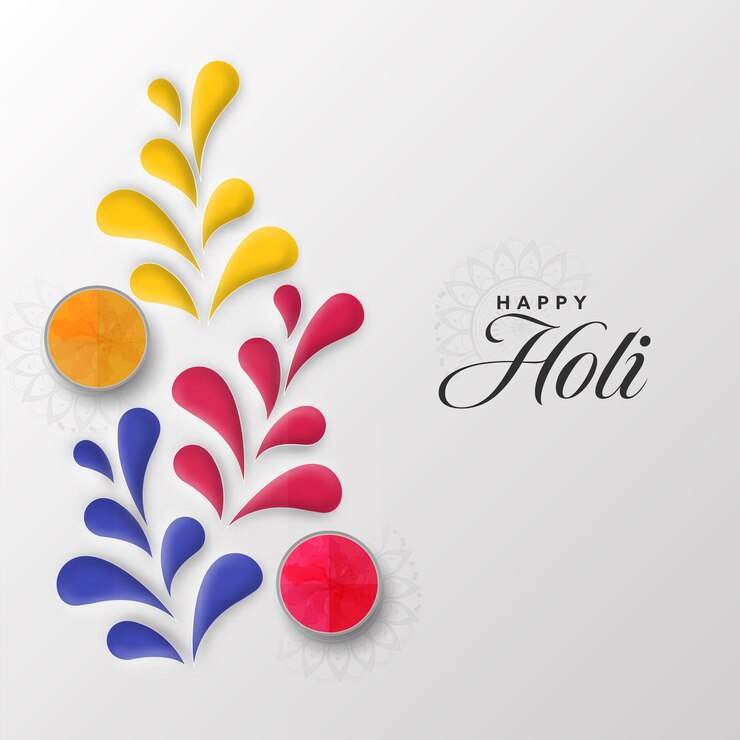 वेक्टर happy holi font with top view bowl full of dry color gulal and colorful arc drops on gray background