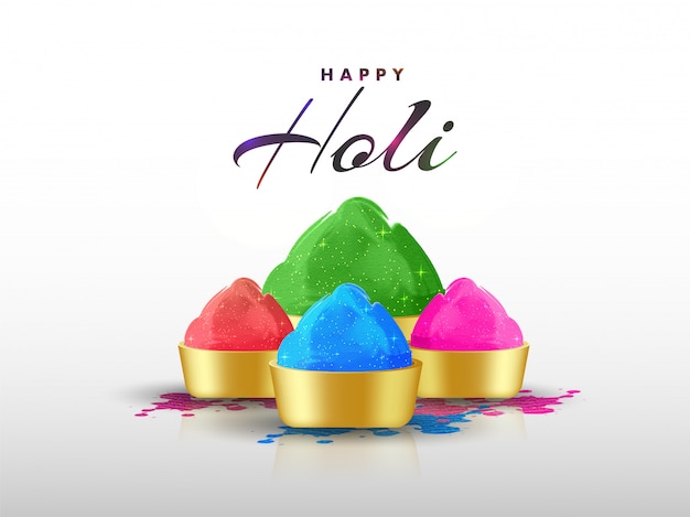 Happy Holi greeting card design with golden bowls full of dry co