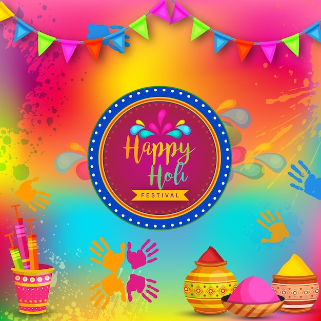 Happy holi greetings pink blue yellow colourful indian hinduism festival social media background