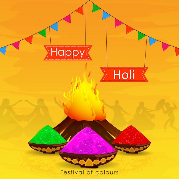 Happy holi indian festival celebration orange background people playing holika dahan and colors vector illustration