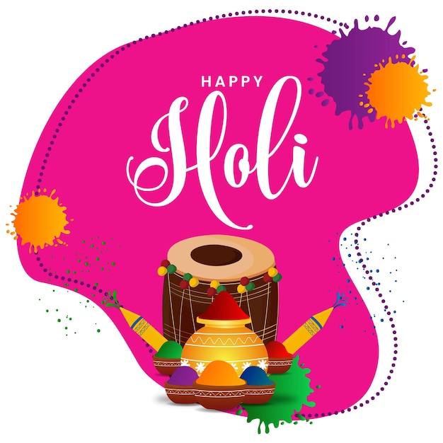 Happy Holi Pink Color With Dholak Flat Design Image