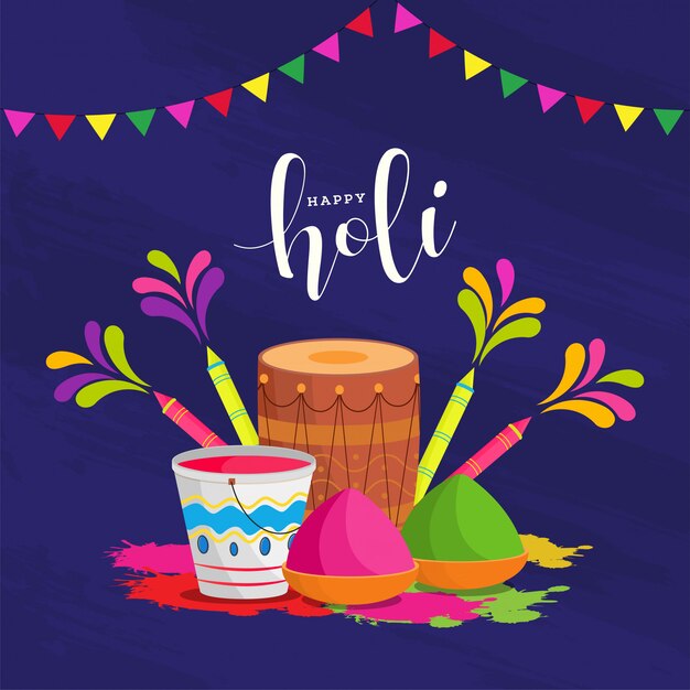 Happy holi poster design with illustration of drum, water guns, color bowls and bucket