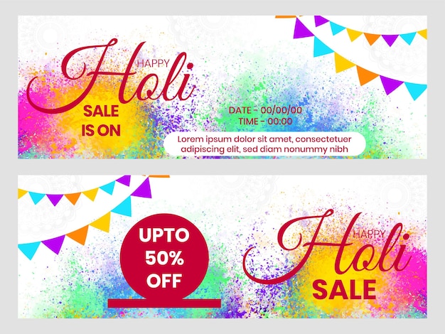 Vettore felice holi vendita banner poster o web header design sfondo con polvere colorata spruzzata illustrazione vettoriale