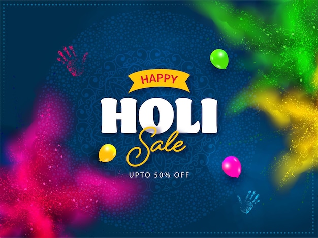 Дизайн плаката Happy Holi Sale с реалистичными воздушными шарами и взрывом цветного порошка на синем фоне мандалы