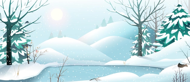 Buon banner di natale per le vacanze, paesaggio calmo e tranquillo della foresta invernale. scena di neve per biglietti di auguri natalizi e invernali stagionali. disegno del paesaggio vettoriale in stile acquerello.