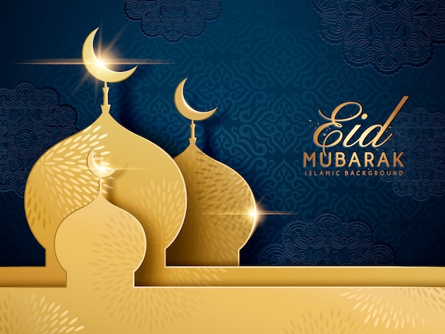 happy holiday words with golden mosque and floral dark blue background