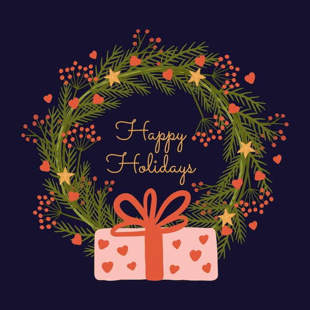 クリスマス スタイルのハッピー ホリデー カード 花輪とリボン付きギフト ギフト ボックス付きのモミの枝の装飾