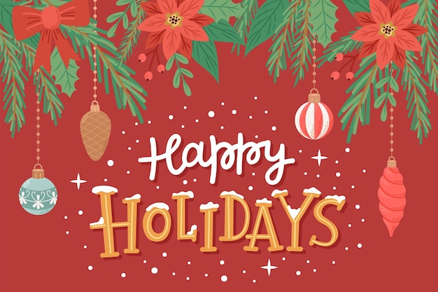 Happy holidays greeting card with cute branches hanging decorations and hand drawn lettering