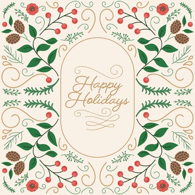 Vector happy holidays lettering over background decorated by berry flowers fir leaves pine cones and swirl lines