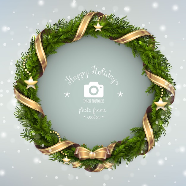 Vector happy holidays photo frame christmas wreath illustration