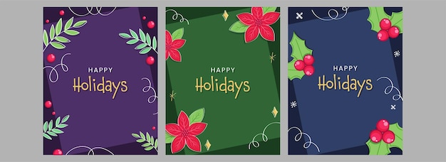 Happy holidays posts of sjabloon versierd met poinsettia bloemen, holly bessen en bladeren in drie kleuropties.