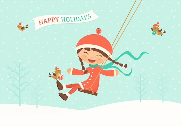Vector happy holidays swinging kid illustration