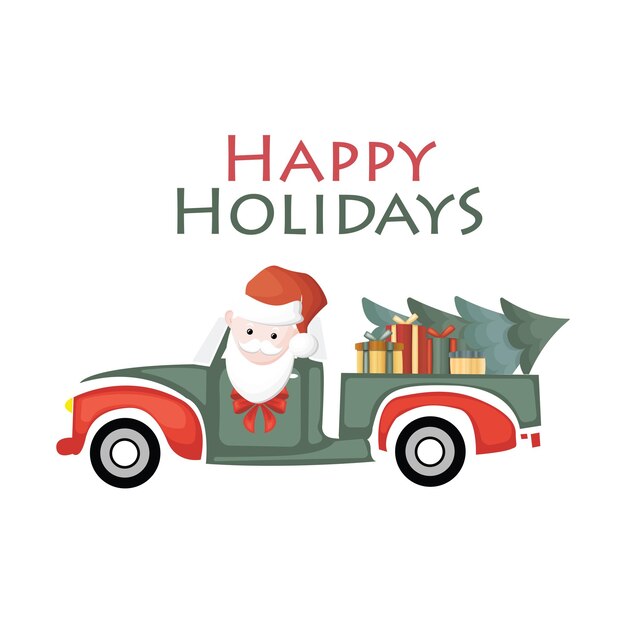 Vector happy holidays text and santa truck with christmas tree vector illustration