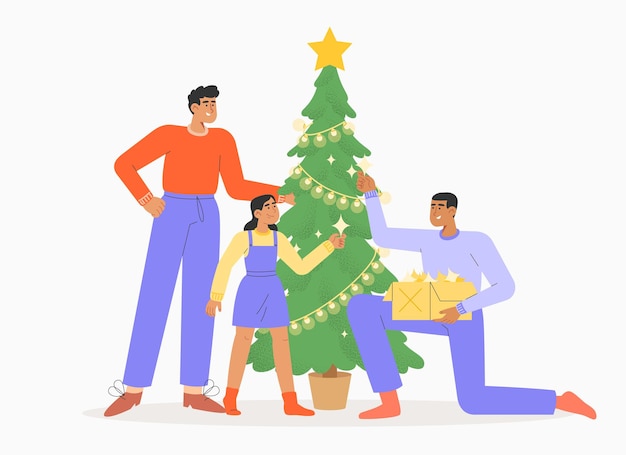 Vector happy homosexual family preparing for christmas and the new year