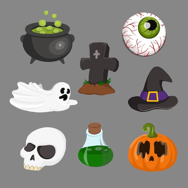 ハッピーホラーハロウィーン要素オブジェクト、カボチャ、頭蓋骨、目、幽霊の例
